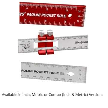 Woodpeckers Paolini Pocket Rule with Rack-It, Stainless Steel, Combo Set, Woodworking Ruler with Sliding Stop, Vertical End Scale, Scribing Notch