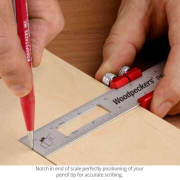 Woodpeckers Paolini Pocket Rule with Rack-It, Stainless Steel, Combo Set, Woodworking Ruler with Sliding Stop, Vertical End Scale, Scribing Notch