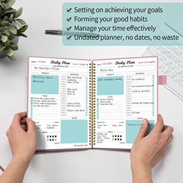 Daily Planner Undated, To Do List Notebook with Hourly Schedule Calendars Meal, Spiral Appointment Organizers Notebook for Man/Women, Pocket, Pen Loop, 160 Pages (7x10")