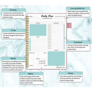 Daily Planner Undated, To Do List Notebook with Hourly Schedule Calendars Meal, Spiral Appointment Organizers Notebook for Man/Women, Pocket, Pen Loop, 160 Pages (7x10")