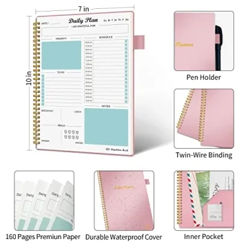 Daily Planner Undated, To Do List Notebook with Hourly Schedule Calendars Meal, Spiral Appointment Organizers Notebook for Man/Women, Pocket, Pen Loop, 160 Pages (7x10")