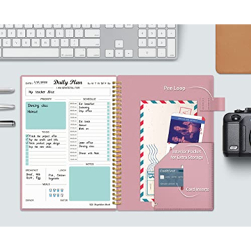 Daily Planner Undated, To Do List Notebook with Hourly Schedule Calendars Meal, Spiral Appointment Organizers Notebook for Man/Women, Pocket, Pen Loop, 160 Pages (7x10")