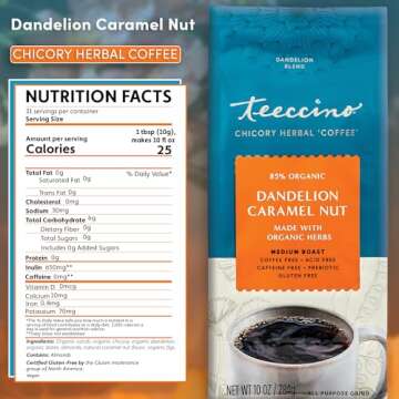 Teeccino Dandelion Caramel Nut Herbal Coffee - Caffeine-Free Coffee Alternative with Prebiotics, Glu...