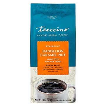 Teeccino Dandelion Caramel Nut Herbal Coffee - Caffeine-Free Coffee Alternative with Prebiotics, Gluten Free, Acid Free - Medium Roast, 10 oz (Pack of 3)