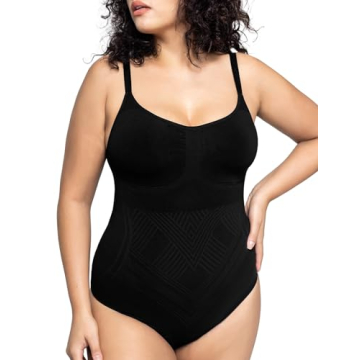 PUMIEY Shapewear Bodysuit for Women Tummy Control V-Neck Sculpting Thong Body Shaper Tank Top, Jet B...