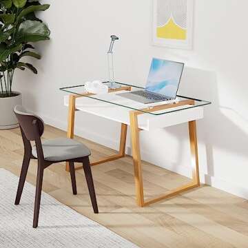 bonVIVO Massimo Small Desk - 43 Inch, Modern Computer Desk for Small Spaces, Living Room, Office and Bedroom - Study Table w/Glass Top and Shelf Space - White