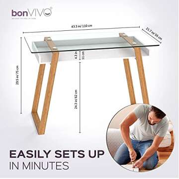 bonVIVO Massimo Small Desk - 43 Inch, Modern Computer Desk for Small Spaces, Living Room, Office and Bedroom - Study Table w/Glass Top and Shelf Space - White