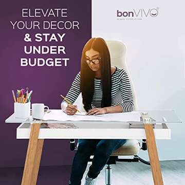 bonVIVO Massimo Small Desk - 43 Inch, Modern Computer Desk for Small Spaces, Living Room, Office and Bedroom - Study Table w/Glass Top and Shelf Space - White