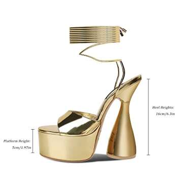ISNOM Gold Platform Heels Sandals for Women, Sexy Stripper Heel Womens Chunky Block Heel Lace Up Peep Toe Heeled Sandals Shoes for Female Ladies