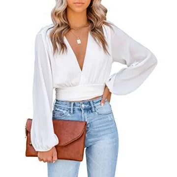 LYANER Women's Deep V Neck Tie Knot Long Sleeve Sexy Wrap Crop Top Blouse Solid White Small