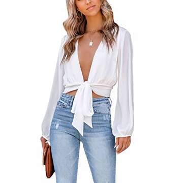 LYANER Women's Deep V Neck Tie Knot Long Sleeve Sexy Wrap Crop Top Blouse Solid White Small