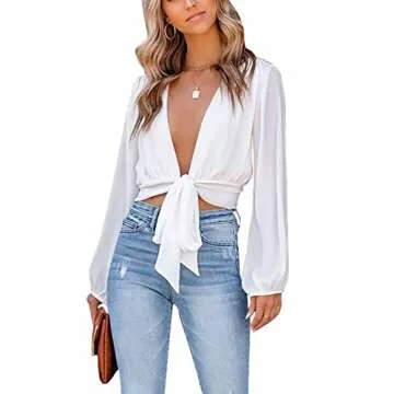 LYANER Women's Deep V Neck Tie Knot Long Sleeve Sexy Wrap Crop Top Blouse Solid White Small