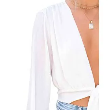 LYANER Women's Deep V Neck Tie Knot Long Sleeve Sexy Wrap Crop Top Blouse Solid White Small
