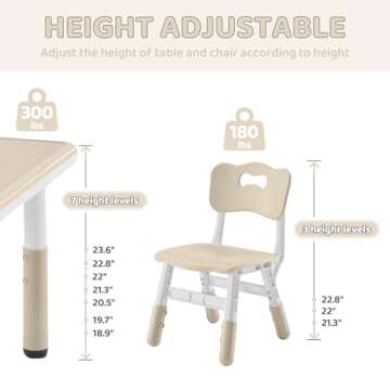 DOREROOM Kids Table and 2 Chairs Set, Height-Adjustable Toddler Table and Chairs Set with Graffiti Desktop, 23.6''L x 23.6''W Children Activity Table for Daycare, Classroom, Home