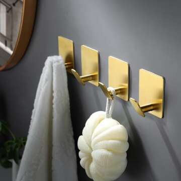 DELITON Adhesive Towel Hooks Gold - 4 Pack Towel Hook for Coat Robe Stick on Bathroom Wall Brushed G...