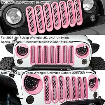 Clip-on Version Front Grille Mesh Inserts & "Angry bird style" Headlight Cover Fits For 2007 2008 2009 2010 2011 2012 2013 2014 2015 2016 2017 Jeep Wrangler JK JKU（Matte Pink）