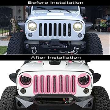 Clip-on Version Front Grille Mesh Inserts & "Angry bird style" Headlight Cover Fits For 2007 2008 2009 2010 2011 2012 2013 2014 2015 2016 2017 Jeep Wrangler JK JKU（Matte Pink）