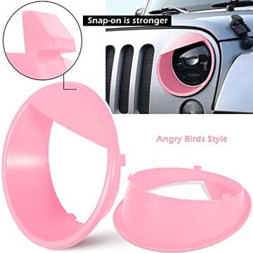 Clip-on Version Front Grille Mesh Inserts & "Angry bird style" Headlight Cover Fits For 2007 2008 2009 2010 2011 2012 2013 2014 2015 2016 2017 Jeep Wrangler JK JKU（Matte Pink）