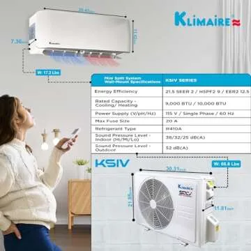 Klimaire 9,000 BTU 21.5 SEER2 Ductless Mini-Split Inverter Air Conditioner Heat Pump System with All-Inclusive 16' Installation Kit and Wall Bracket (115V)