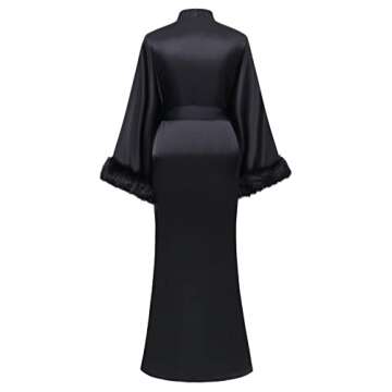 PRODESIGN Long Robes for Women – Silky Sleepwear with Fur Sleeves Long Satin Bath Robe Loungewear Nightgown Black