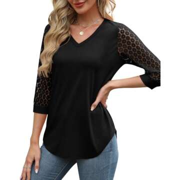 3/4 Length Sleeve Womens Tops Black V Neck Work Blouses for Women Business Casual S
