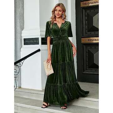 Amegoya Women's Velvet Short Sleeve V Neck Formal Wedding Guest Maxi Dresses Fall Evening Party Long...