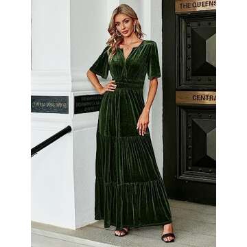 Amegoya Women's Velvet Short Sleeve V Neck Formal Wedding Guest Maxi Dresses Fall Evening Party Long Dresses AAA（Army Green M）