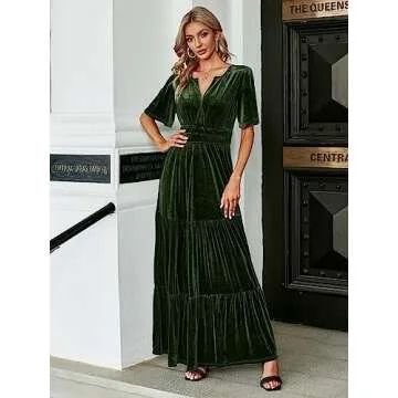 Amegoya Women's Velvet Short Sleeve V Neck Formal Wedding Guest Maxi Dresses Fall Evening Party Long Dresses AAA（Army Green M）