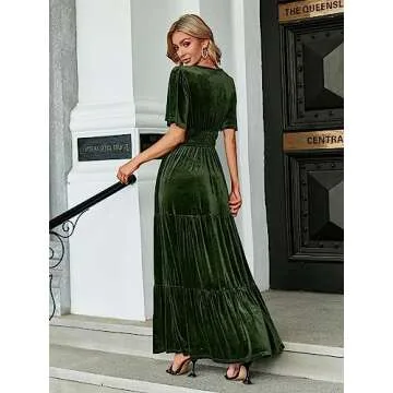 Amegoya Women's Velvet Short Sleeve V Neck Formal Wedding Guest Maxi Dresses Fall Evening Party Long Dresses AAA（Army Green M）