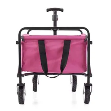 Seina Heavy Duty Steel Compact Collapsible Folding Outdoor Portable Utility Cart Wagon with All Terrain Rubber Wheels and 150 Pound Capacity, Pink