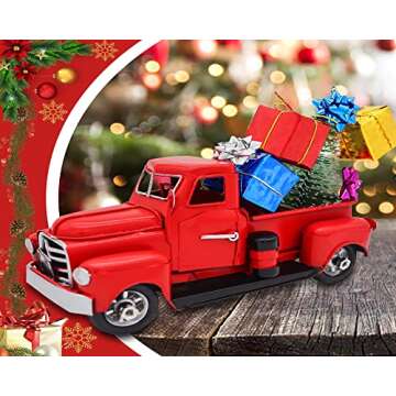 Fleecy day Christmas Red Truck Decor Red Truck Gift Metal Small Cute Farm Car Decor Vintage Tree Flo...