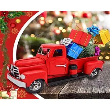 Fleecy day Christmas Red Truck Decor Red Truck Gift Metal Small Cute Farm Car Decor Vintage Tree Flo...