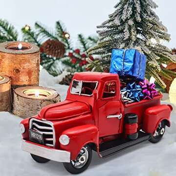 Fleecy day Christmas Red Truck Decor Red Truck Gift Metal Small Cute Farm Car Decor Vintage Tree Flowers Handcrafted Decor Red Metal Car Gift Boxes Pickup Truck Model 7 x 3 x 3 inches