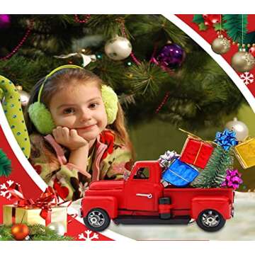 Fleecy day Christmas Red Truck Decor Red Truck Gift Metal Small Cute Farm Car Decor Vintage Tree Flowers Handcrafted Decor Red Metal Car Gift Boxes Pickup Truck Model 7 x 3 x 3 inches