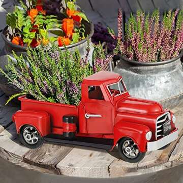 Fleecy day Christmas Red Truck Decor Red Truck Gift Metal Small Cute Farm Car Decor Vintage Tree Flowers Handcrafted Decor Red Metal Car Gift Boxes Pickup Truck Model 7 x 3 x 3 inches