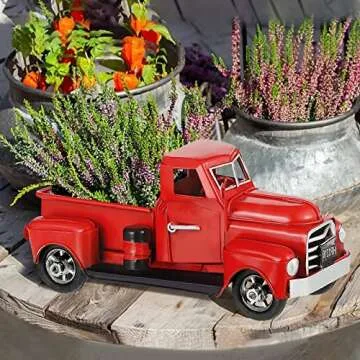 Fleecy day Christmas Red Truck Decor Red Truck Gift Metal Small Cute Farm Car Decor Vintage Tree Flowers Handcrafted Decor Red Metal Car Gift Boxes Pickup Truck Model 7 x 3 x 3 inches