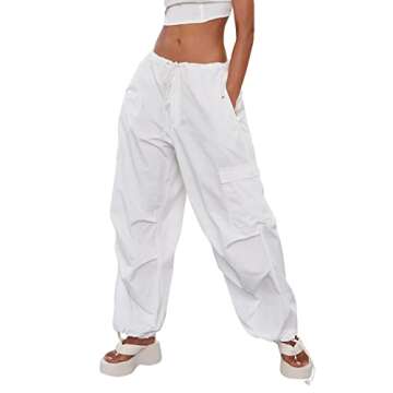 KMBANGI Low Waist Cargo Pants for Women Y2K Parachute Pants Wide Leg Loose Baggy Pants Trousers Streetwear(I-White,S)