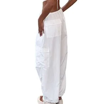 KMBANGI Low Waist Cargo Pants for Women Y2K Parachute Pants Wide Leg Loose Baggy Pants Trousers Streetwear(I-White,S)