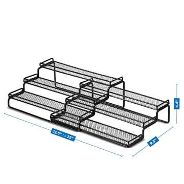 3 Tier Expandable Spice Rack Organizer for Cabinet, Black Modern Pantry Kitchen Countertop Stand 3 Step Shelf - Expands 12 to 24 Inches
