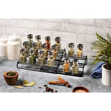 3 Tier Expandable Spice Rack Organizer for Cabinet, Black Modern Pantry Kitchen Countertop Stand 3 Step Shelf - Expands 12 to 24 Inches