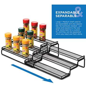 3 Tier Expandable Spice Rack Organizer for Cabinet, Black Modern Pantry Kitchen Countertop Stand 3 Step Shelf - Expands 12 to 24 Inches