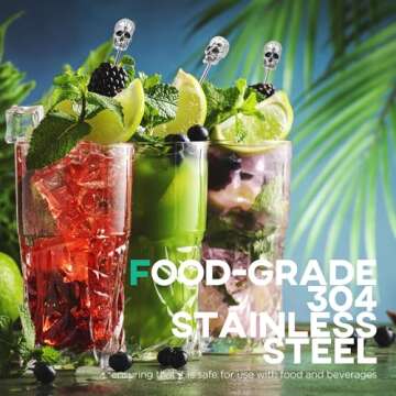 Homestia Metal Cocktail Picks for Drinks, 4.7" Silver Skull Series Cocktail Toothpicks Cocktail Garnish Cocktail Swords, 6Pcs Fancy Martini Olive Picks, Vintage Cocktail Pins Cocktail Accessories