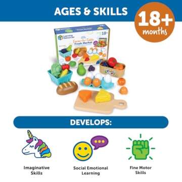 Learning Resources New Sprouts Farm-to-Table Fresh Market, 27 Pieces, Ages 18 Months+, Play Food for Kids Kicthens, Grocery Store Pretend Play, Play Kitchen Accessories