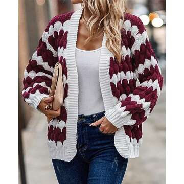 KIRUNDO Women's 2025 Fall Open Front Knitted Cardigan Cable Knit Striped Color Block Lantern Sleeve Casual Short Cardigan Sweater Winter Clothes(Wine Red, Large)