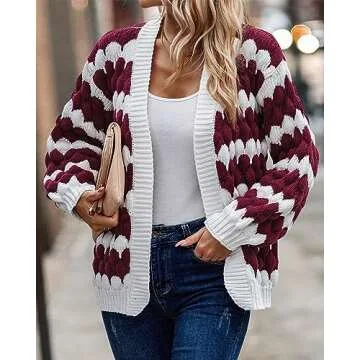 KIRUNDO Women's 2025 Fall Open Front Knitted Cardigan Cable Knit Striped Color Block Lantern Sleeve Casual Short Cardigan Sweater Winter Clothes(Wine Red, Large)
