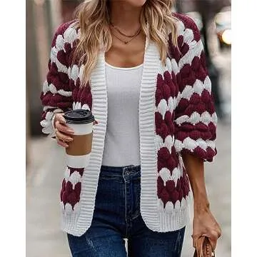 KIRUNDO Women's 2025 Fall Open Front Knitted Cardigan Cable Knit Striped Color Block Lantern Sleeve Casual Short Cardigan Sweater Winter Clothes(Wine Red, Large)