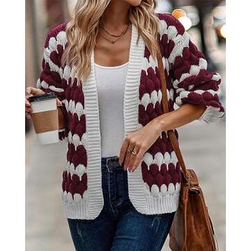 KIRUNDO Women's 2025 Fall Open Front Knitted Cardigan Cable Knit Striped Color Block Lantern Sleeve Casual Short Cardigan Sweater Winter Clothes(Wine Red, Large)