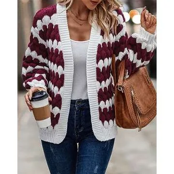 KIRUNDO Women's 2025 Fall Open Front Knitted Cardigan Cable Knit Striped Color Block Lantern Sleeve Casual Short Cardigan Sweater Winter Clothes(Wine Red, Large)