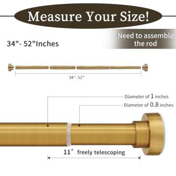 YNL Tension Curtain Rod 34-52inches(2.8-4.3ft)-Never Rust, Non-Slip, No Drill Tension Rod 34-52 Inches, Adjustable Short Shower Rod - Stainless Steel, Brushed Gold