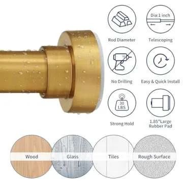 YNL Tension Curtain Rod 34-52inches(2.8-4.3ft)-Never Rust, Non-Slip, No Drill Tension Rod 34-52 Inches, Adjustable Short Shower Rod - Stainless Steel, Brushed Gold